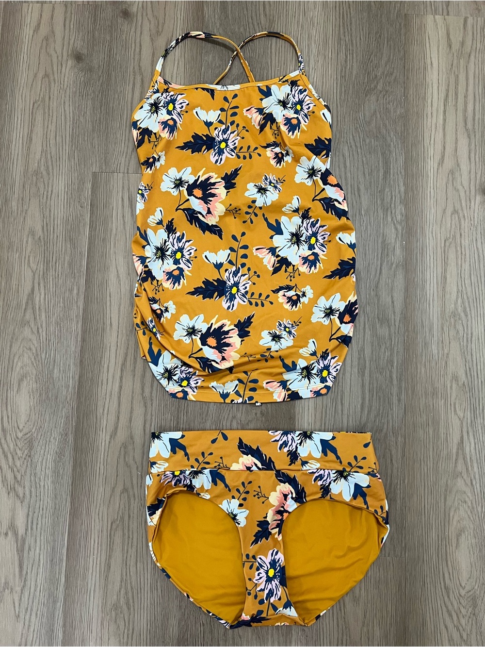 Senita Athletics Maternity Floral Tankini Swimsuit Set Mustard Yellow Size M